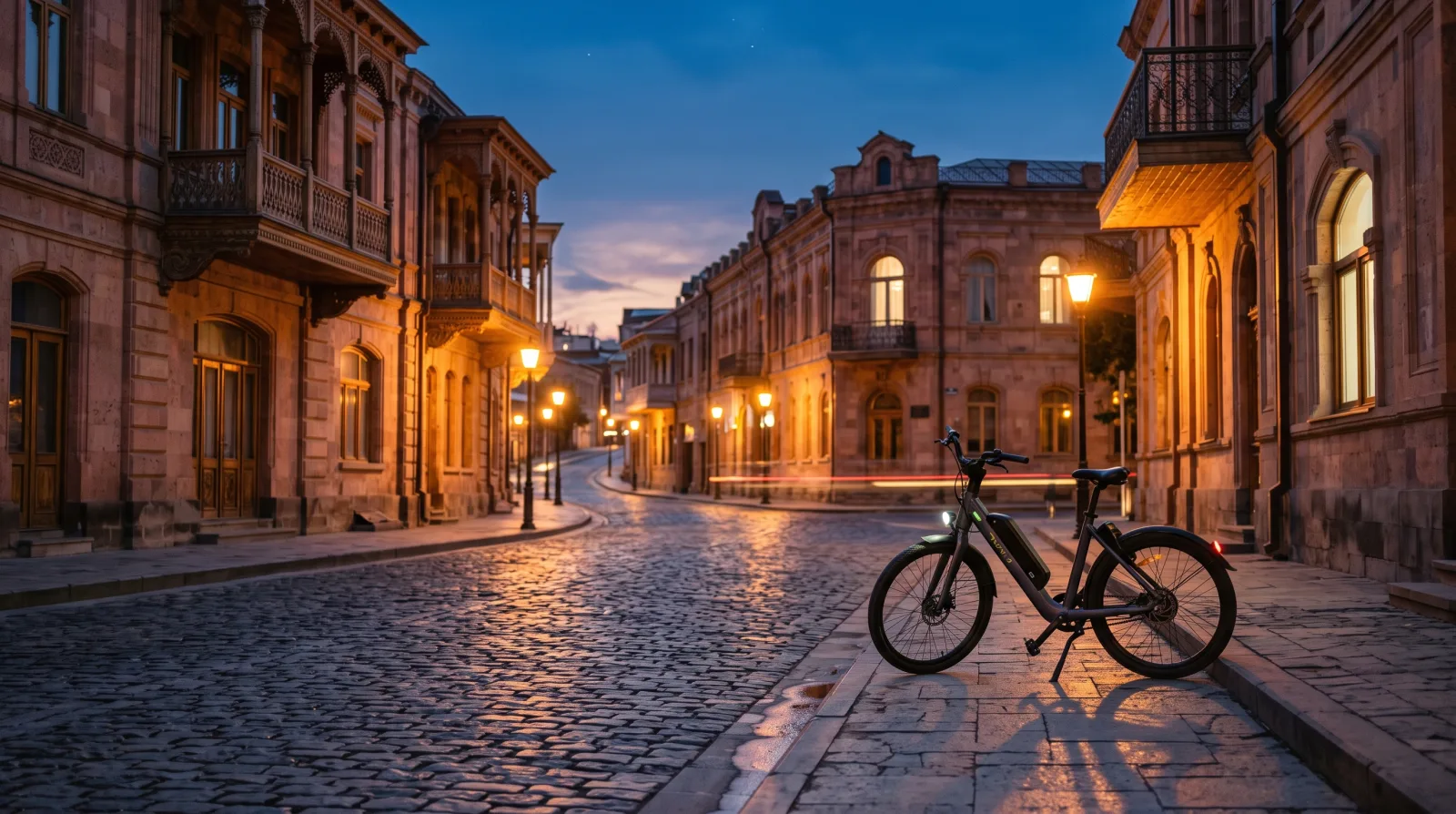 A shared e-bike parked on a cobbled Yerevan street of stone buildings at dusk, under warm streetlights
